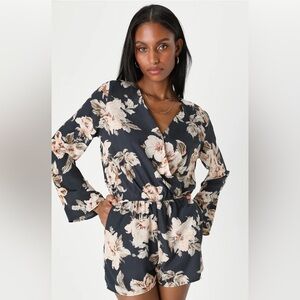 Lulus Prairie Daydream Washed Navy Blue Floral Print Romper, Small